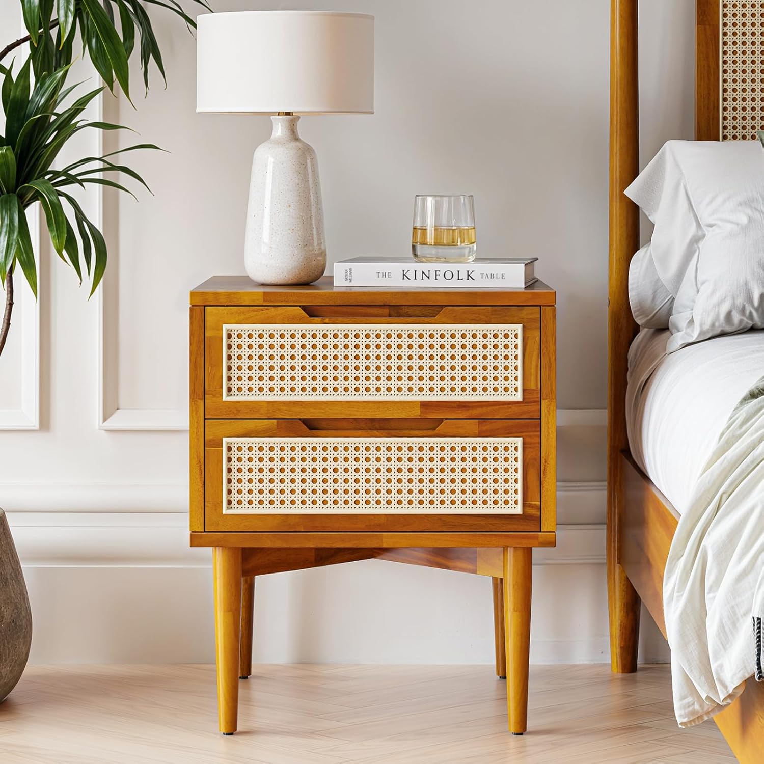 Bme Oliver Solid Wood Rattan Nightstand