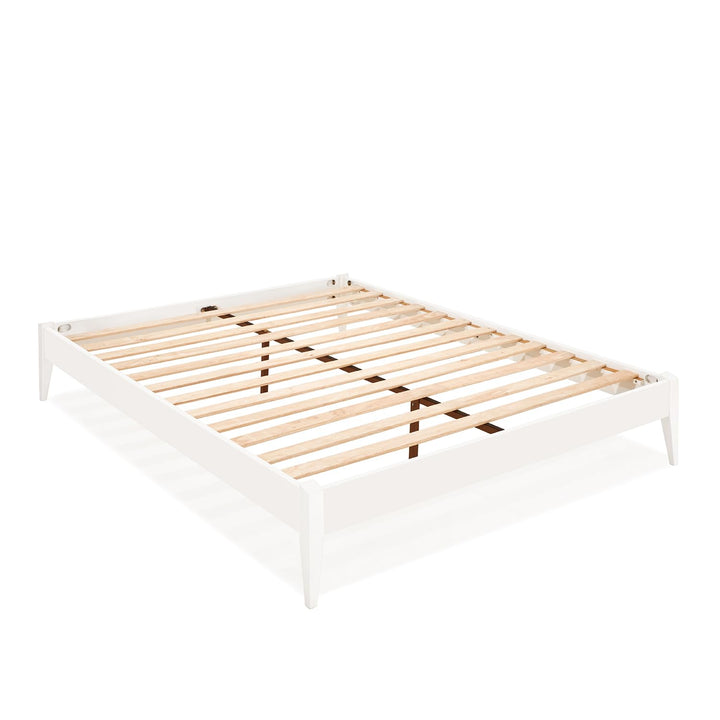 Dinkee queen platform bed frame with headboard- design and white finish for everyday bedroom use