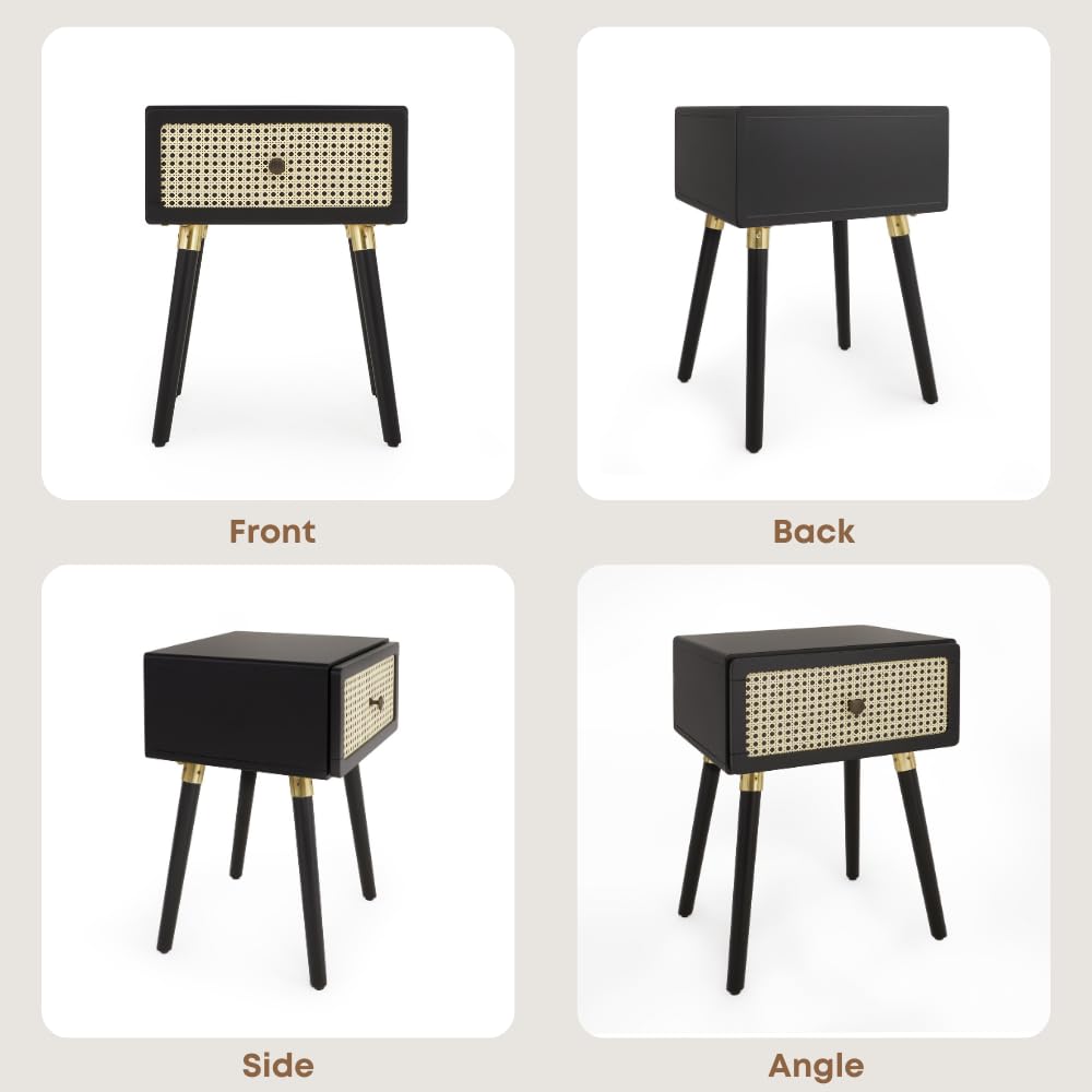 Nipe 1-drawer nightstand with black finish and bedside storage; for everyday bedside use