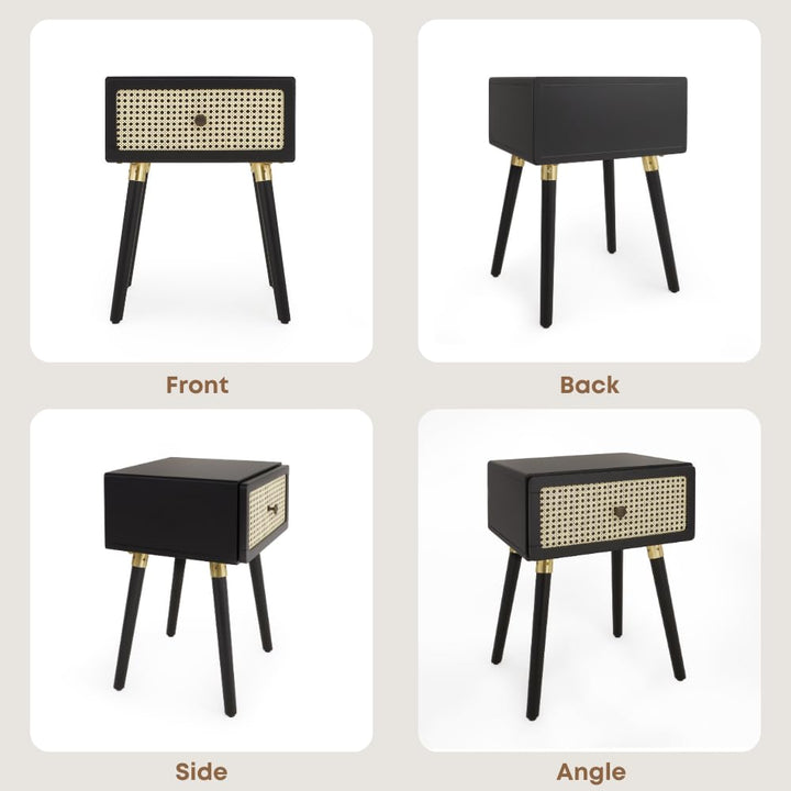 Nipe 1-drawer nightstand with black finish and bedside storage; for everyday bedside use