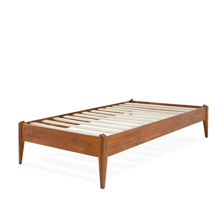 Dinkee twin platform bed frame with headboard- design and caramel finish for everyday bedroom use