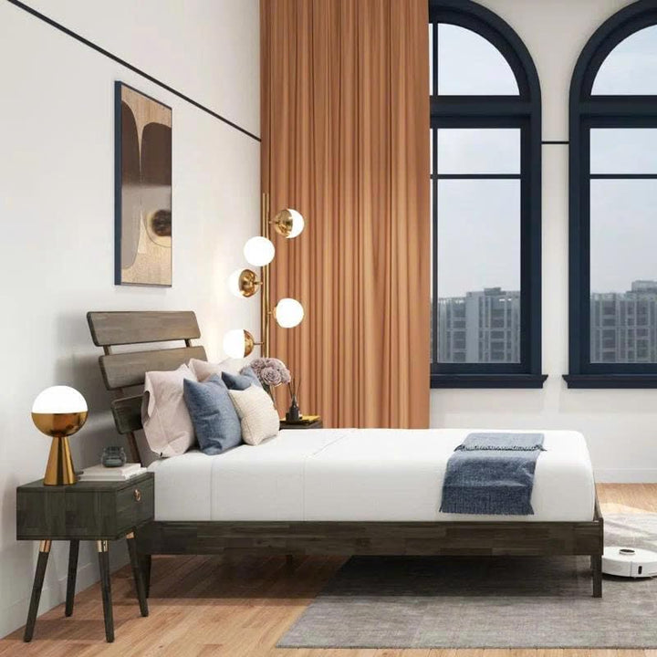 Caden queen platform bed frame with headboard and mocha finish for a complete bed arrangement