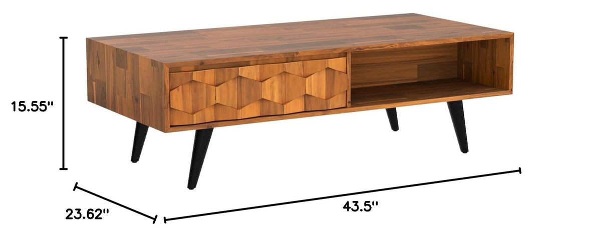 Georgina 2-drawer coffee table, featuring teak brown finish and living room table, for a seating area