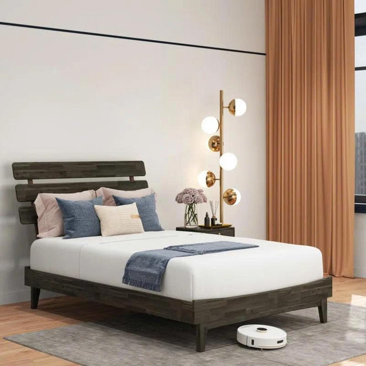 Caden queen platform bed frame, featuring headboard and mocha finish, for daily bedroom use