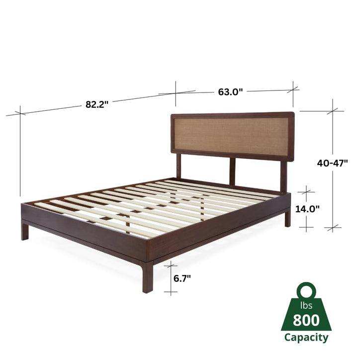 Nipe queen platform bed frame, featuring headboard and walnut finish, for mattress placement