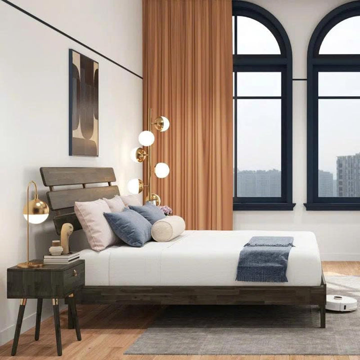 Caden king platform bed frame with headboard and mocha finish for a complete bed arrangement