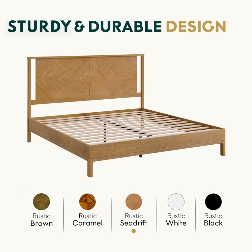 Ethan king platform bed frame with rustic seadrift finish for everyday bedroom use