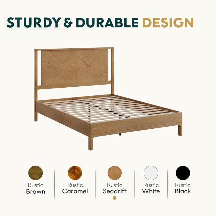 Ethan queen platform bed frame with rustic seadrift finish for everyday bedroom use