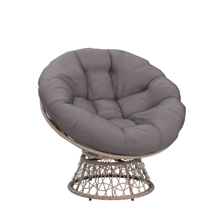 Papasan chair designed with smoky quartz cushion and brown frame for living room seating