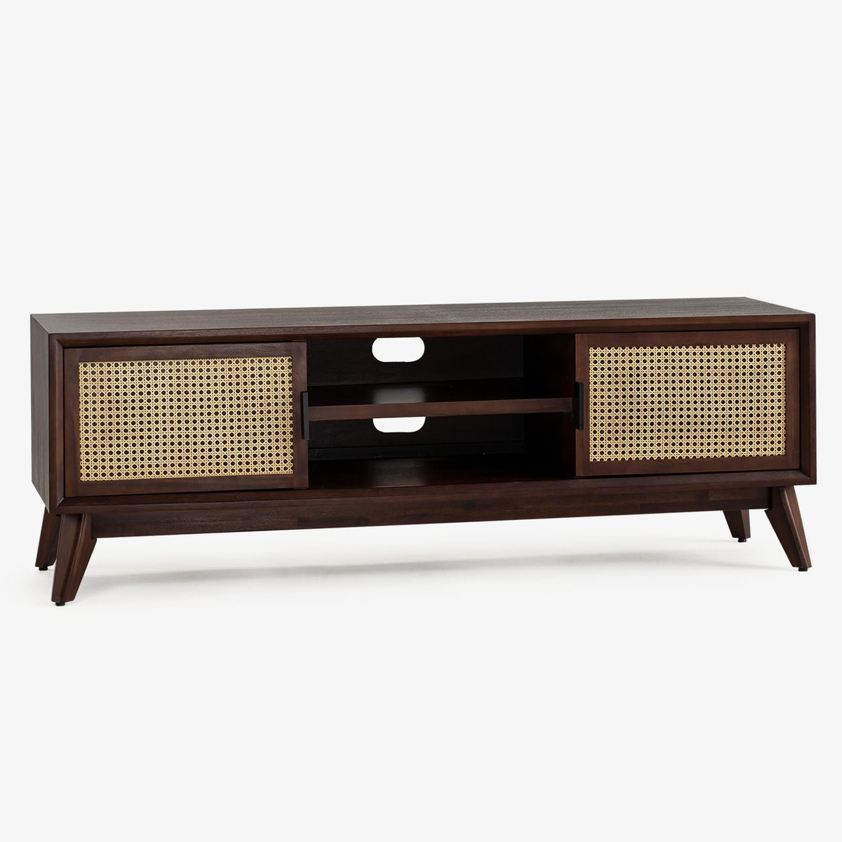 Jasper TV stand, featuring walnut finish and media storage, for TV placement