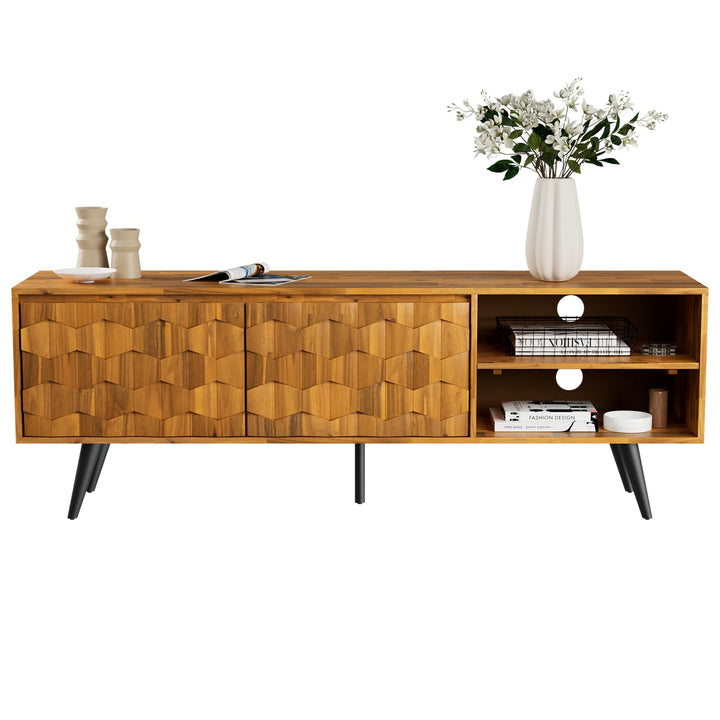 Georgina TV stand with 65-inch design, 2-door, teak brown finish, and media storage for entertainment devices