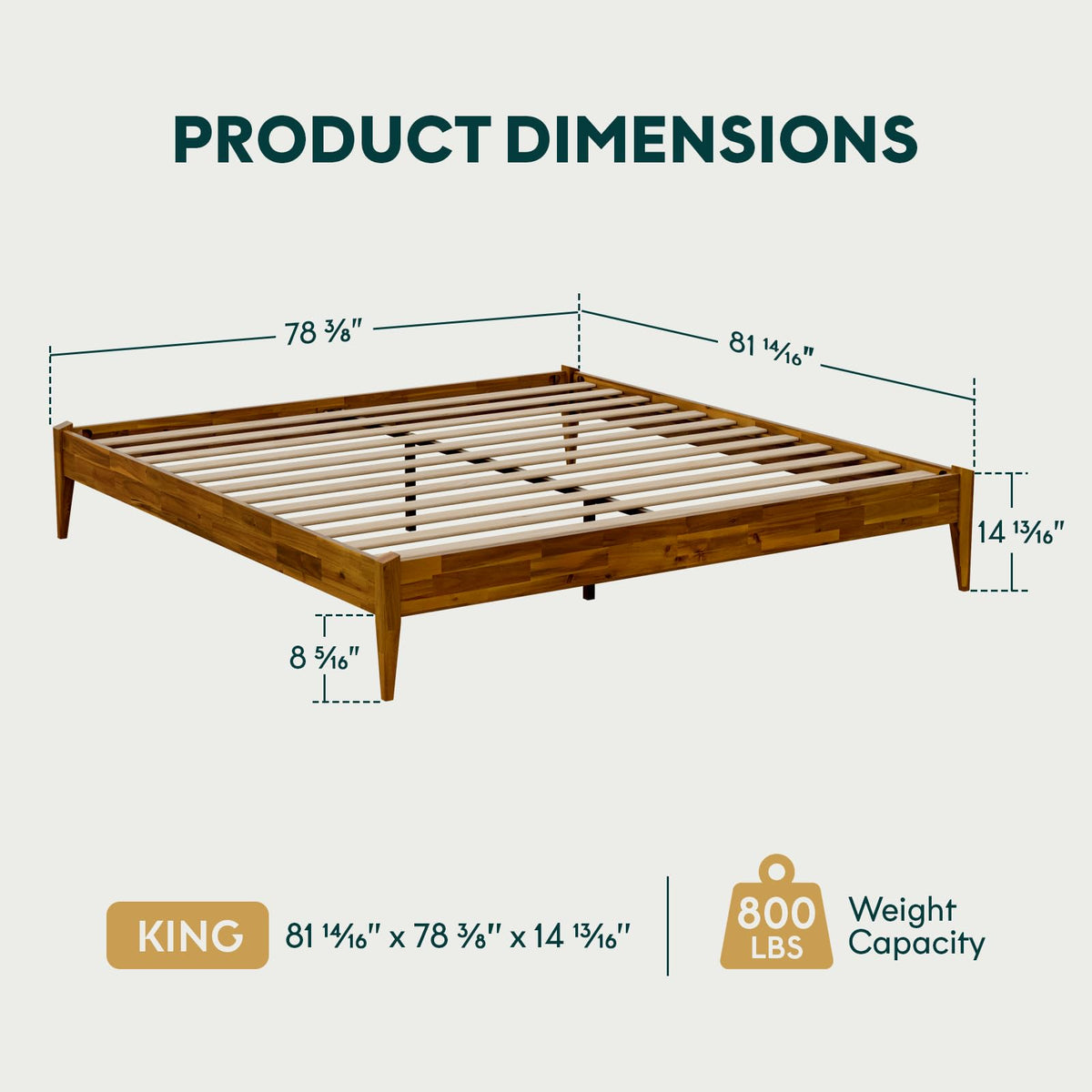 Dinkee king platform bed frame, featuring headboard- design and caramel finish, for mattress placement