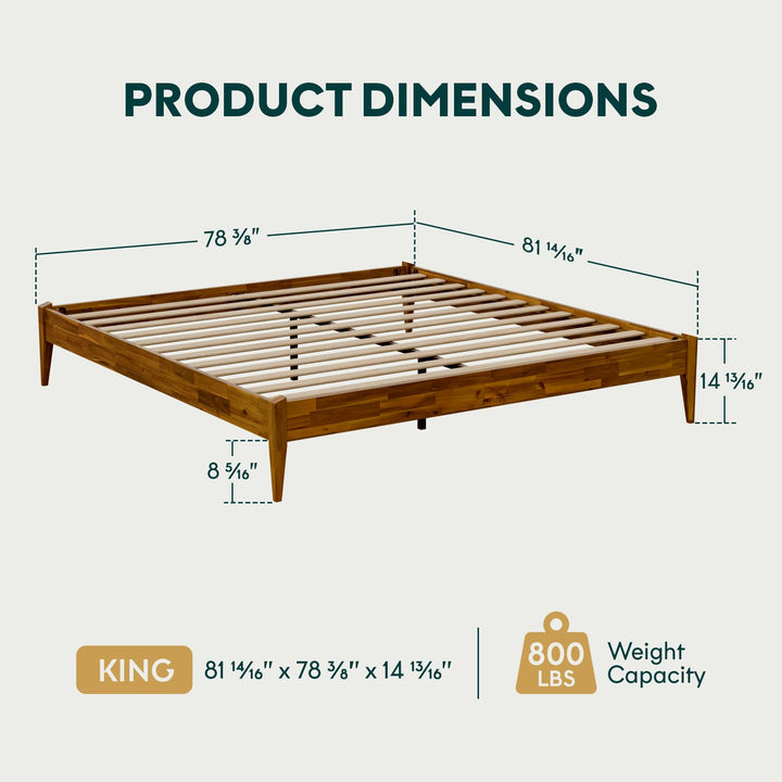 Dinkee king platform bed frame, featuring headboard- design and caramel finish, for mattress placement