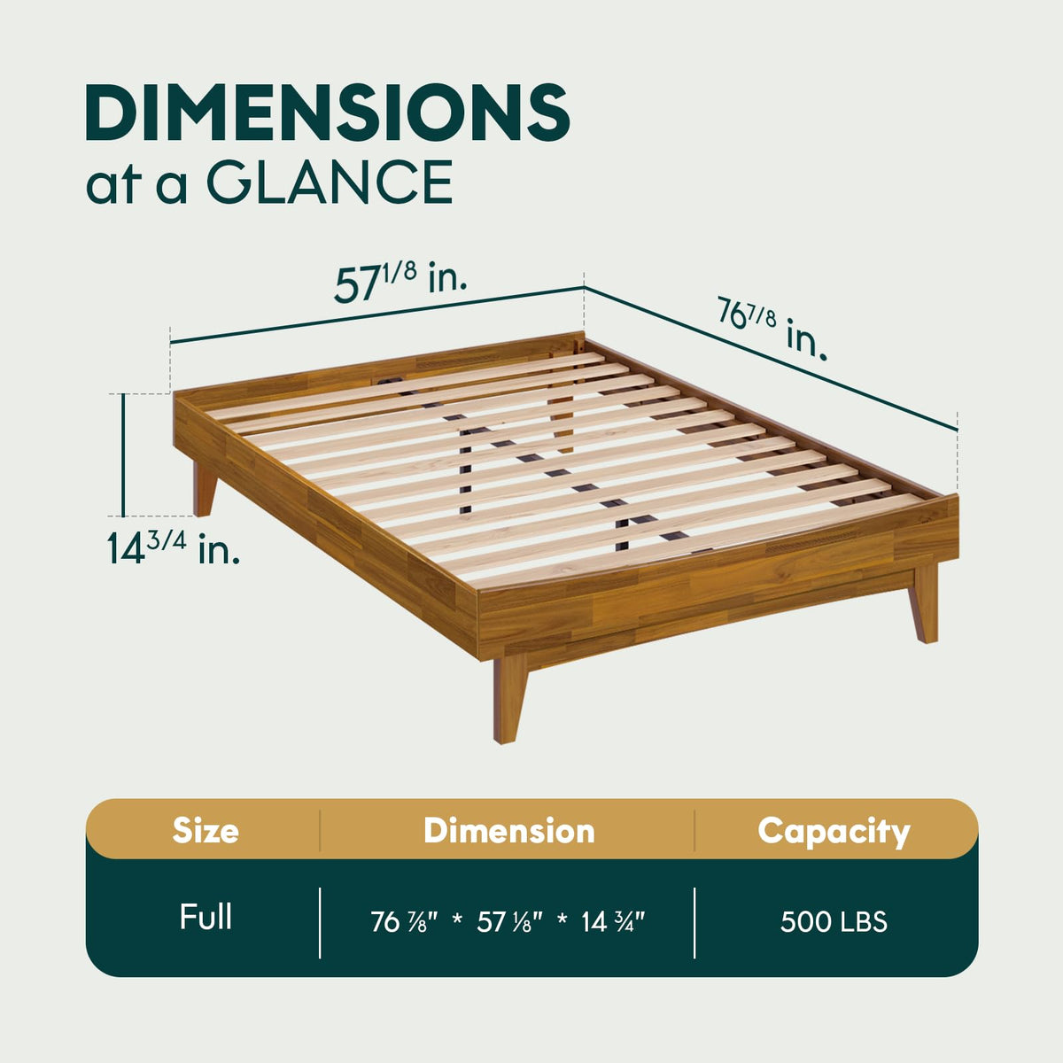 Catherine full platform bed frame, featuring teak brown finish, for mattress placement