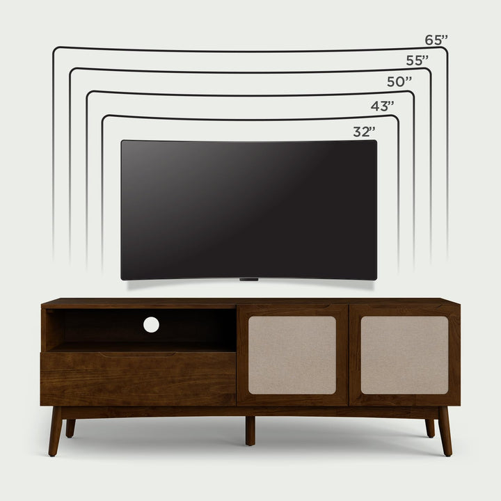 Calista TV stand designed with 1-drawer, 2-door, chestnut finish, and media storage for living room media