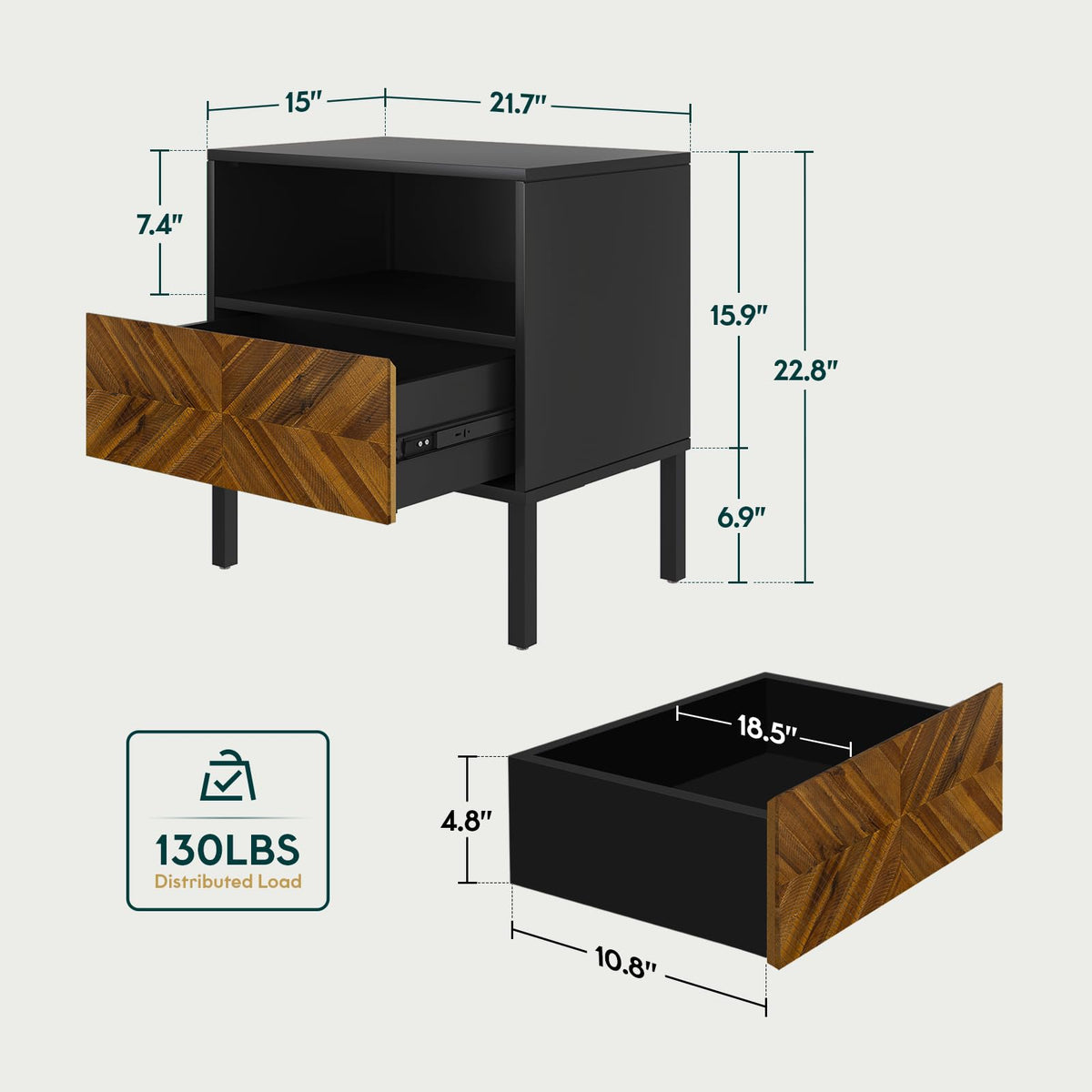 Vivian nightstand, featuring chestnut finish and bedside storage, for bedroom organization