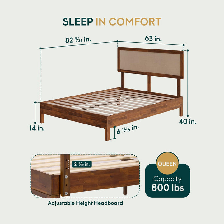 Nipe queen platform bed frame with headboard, solid acacia wood, and dark chocolate finish; for bedroom furniture