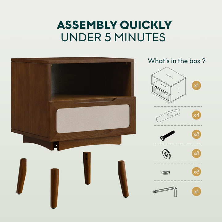 Calista 1-drawer nightstand with rubber wood veneer, chestnut finish, and bedside storage; for everyday bedside use