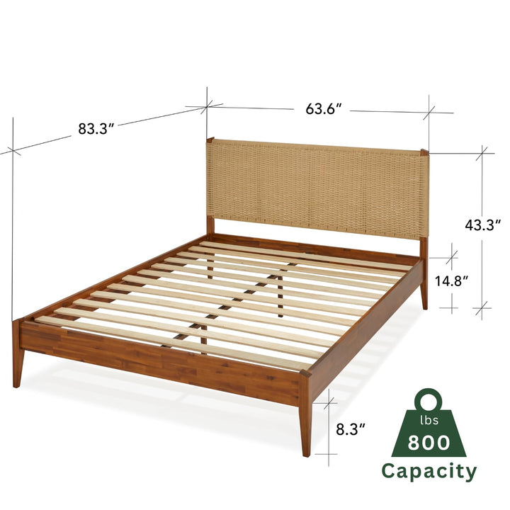 Selina queen platform bed frame, featuring caramel finish, for mattress placement