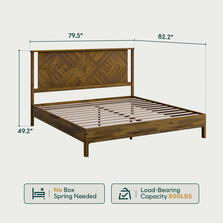 Solid king platform bed frame, featuring solid wood and rustic dark brown finish, for mattress placement