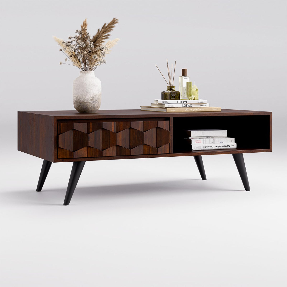 Georgina 2-drawer coffee table designed with walnut finish and living room table for living room storage