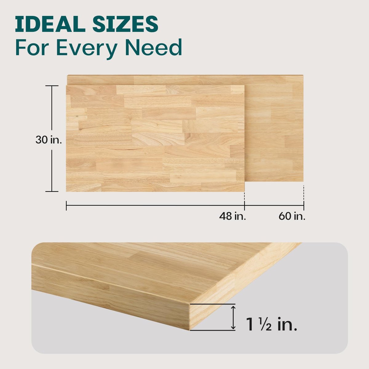 Hevea wood desktop countertop with 4 ft x 30 in x 1.5 in; for custom work surfaces