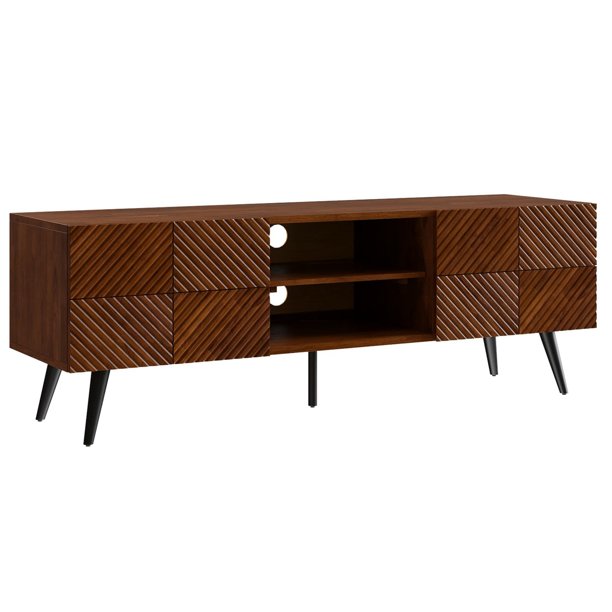 Rhombus TV stand, featuring walnut finish and media storage, for TV placement
