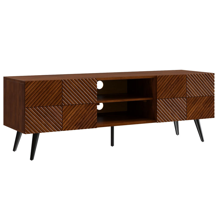 Rhombus TV stand, featuring walnut finish and media storage, for TV placement
