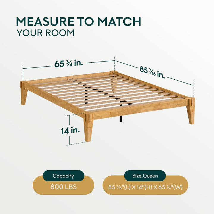 Chalipa queen platform bed frame, featuring light natural finish, for mattress placement