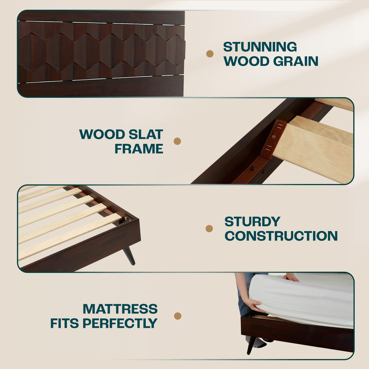 Georgina king platform bed frame, featuring walnut finish, for a platform bed setup