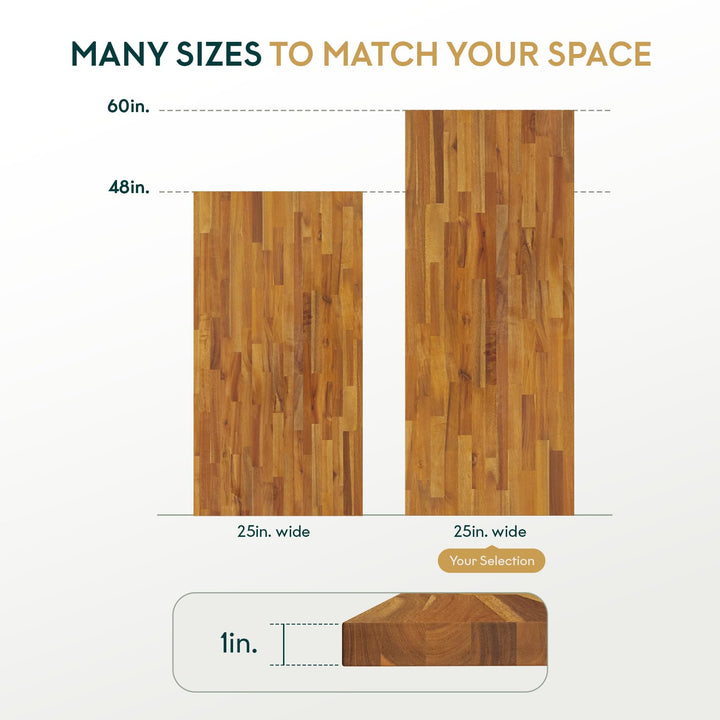 Wood tabletop panel, featuring 60 in x 25 in x 1 in and teak-look finish, for dining table projects