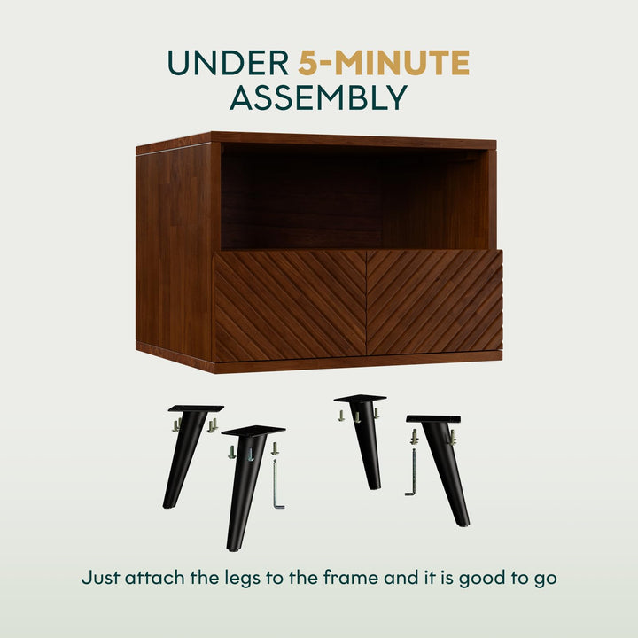 Rhombus nightstand with walnut finish and bedside storage for lamps and books