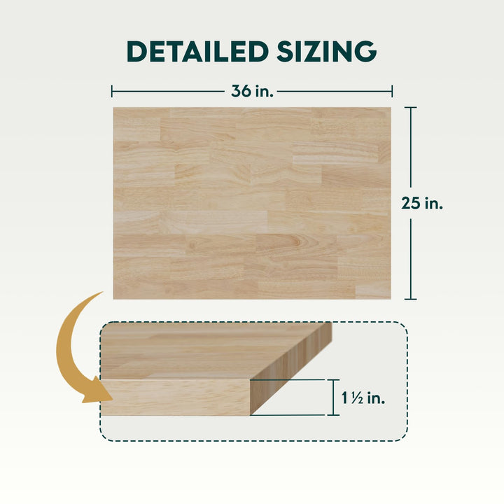 Acacia wood butcher block countertop, featuring 36 in x 25 in x 1.5 in and unfinished, for desk projects
