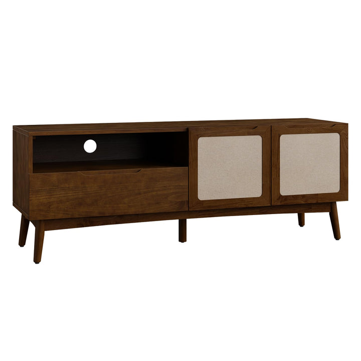 Calista TV stand with 1-drawer, 2-door, chestnut finish, and media storage; for a home entertainment area