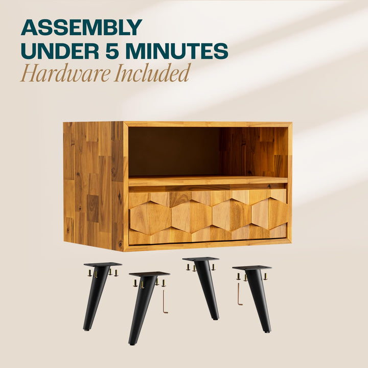 Georgina 1-drawer nightstand with teak brown finish and bedside storage for lamps and books