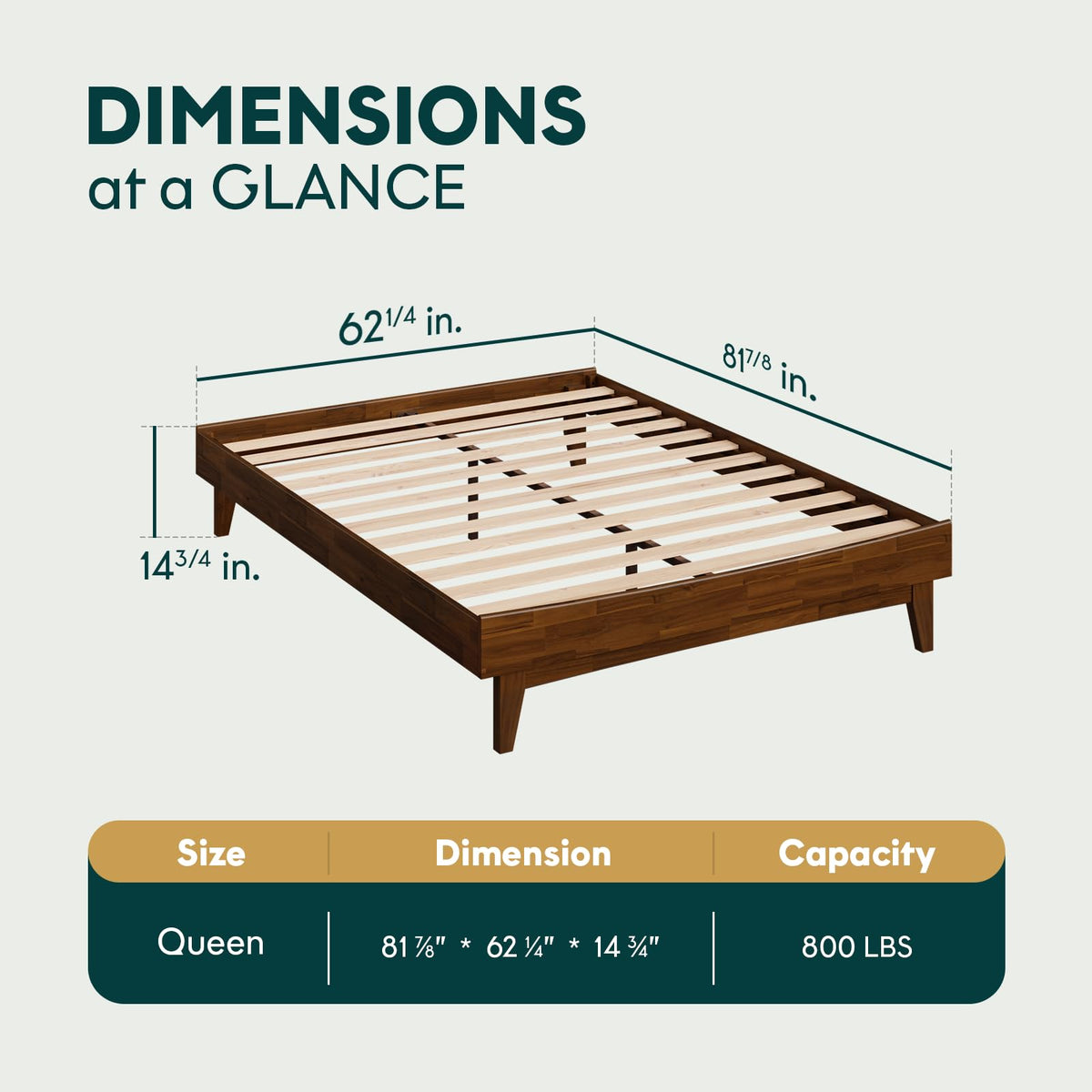 Catherine queen platform bed frame, featuring dark chocolate finish, for mattress placement