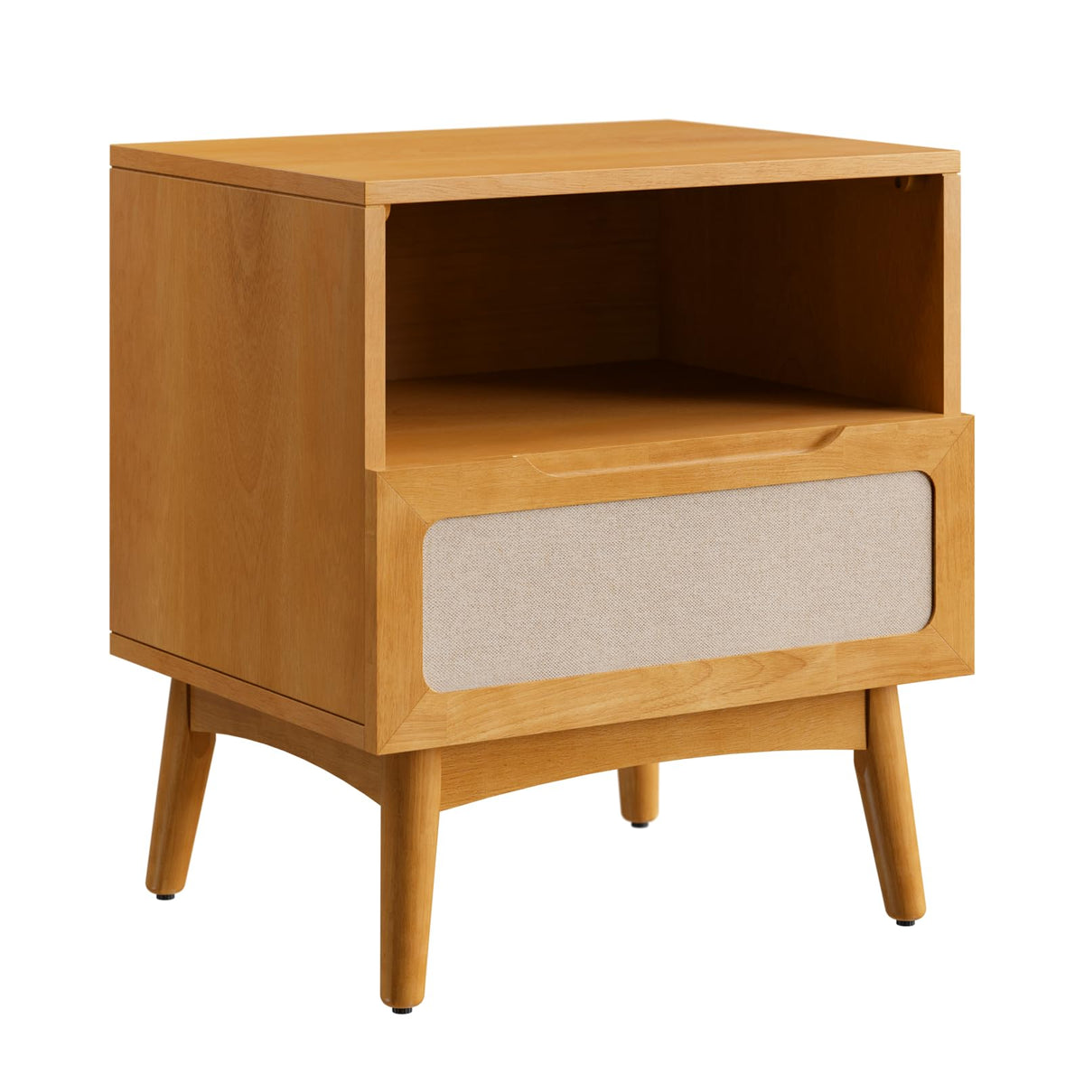 Calista 1-drawer nightstand with rubber wood veneer, teak brown finish, and bedside storage; for bedside essentials