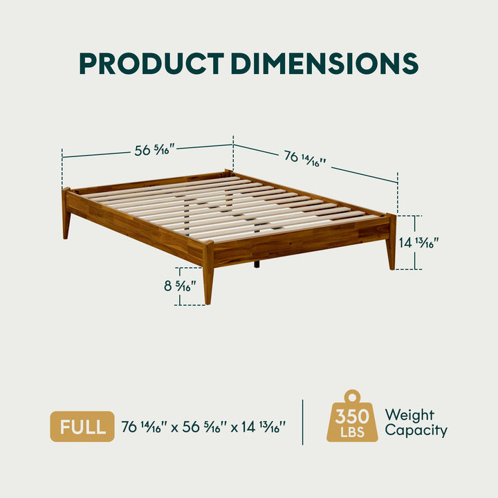 Dinkee full platform bed frame, featuring headboard- design and caramel finish, for mattress placement