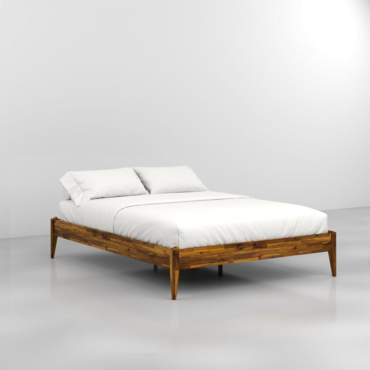Dinkee queen platform bed frame designed with headboard- design and caramel finish for a coordinated sleep space