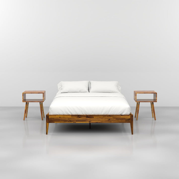 Dinkee queen platform bed frame with headboard- design and caramel finish for everyday bedroom use