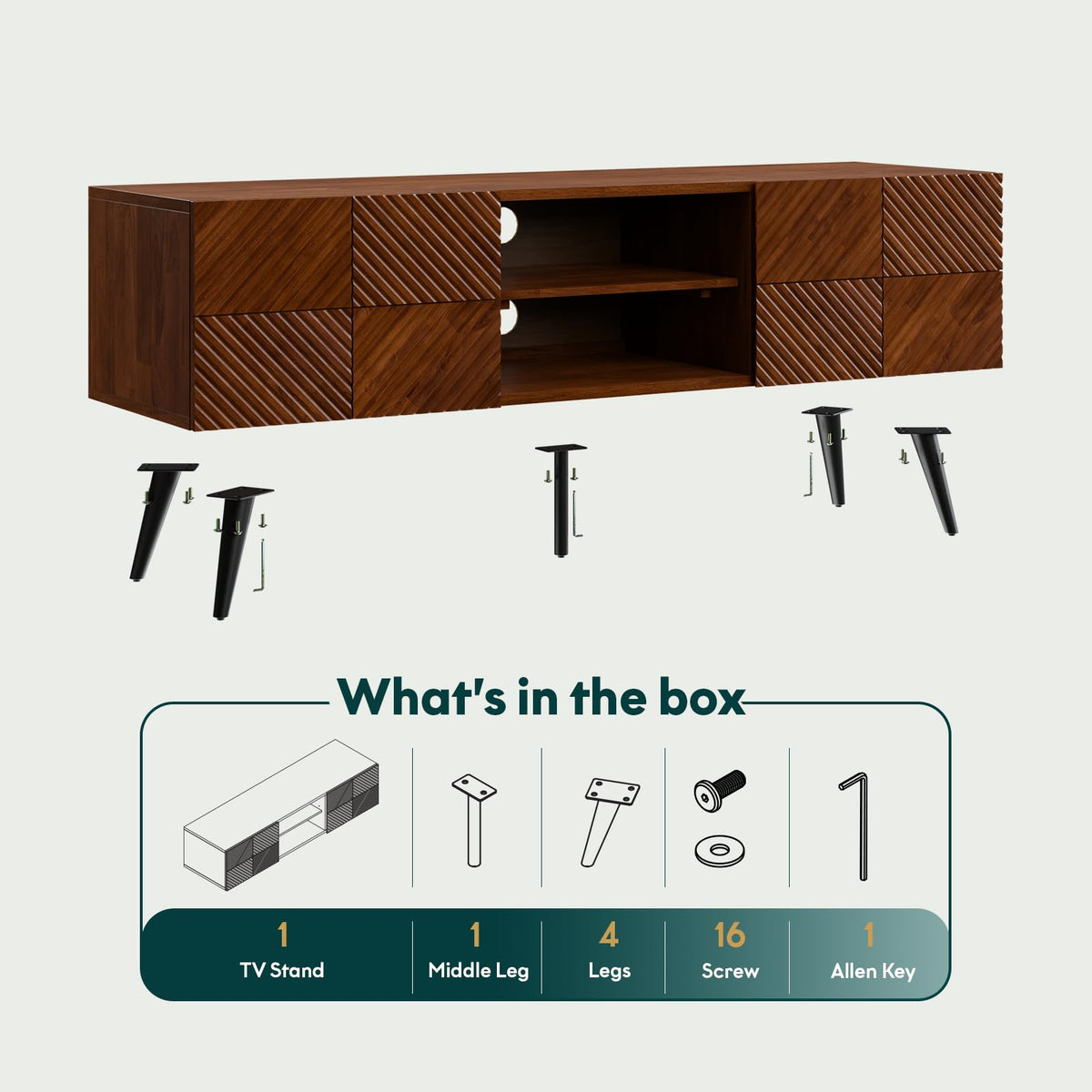 Rhombus TV stand designed with walnut finish and media storage for TV and decor display