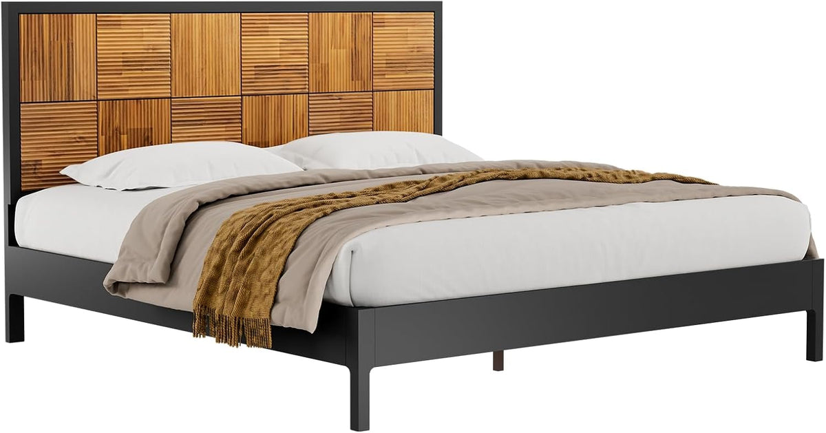 Madia king platform bed frame with black & teak brown finish; for bedroom furniture
