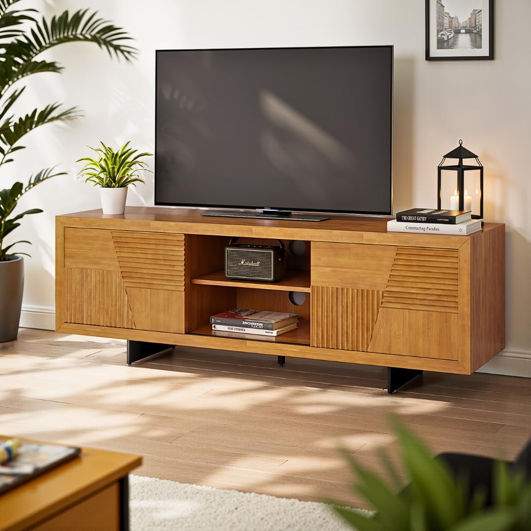 Trapeze TV stand with teak brown finish and media storage for media storage