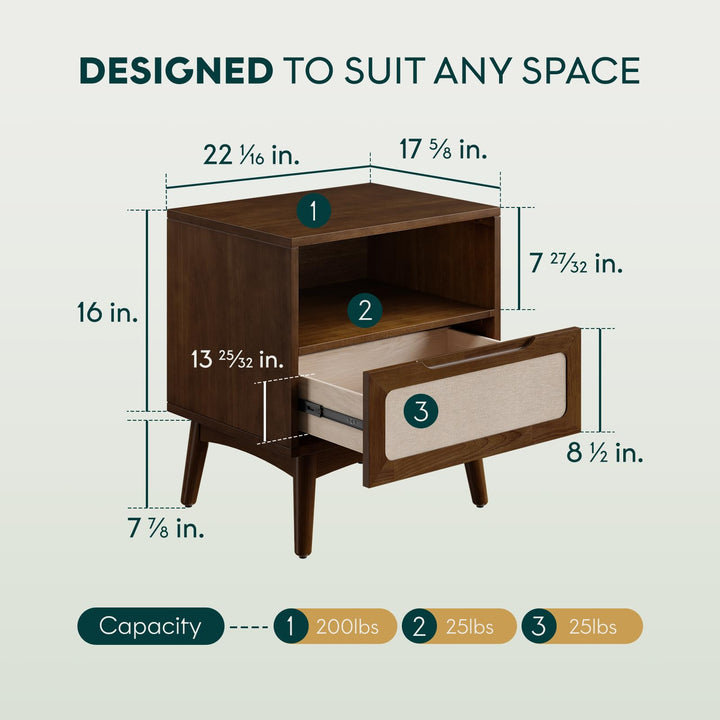 Calista 1-drawer nightstand, featuring rubber wood veneer, chestnut finish, and bedside storage, for bedroom organization