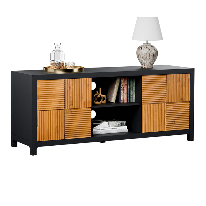 Madia TV stand, featuring black & teak brown finish and media storage, for media organization