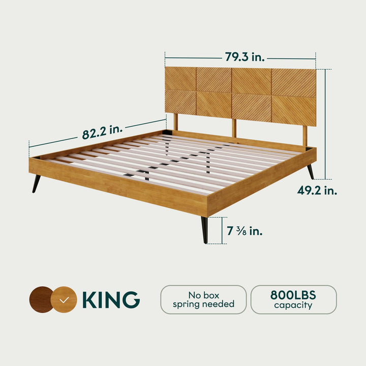 Rhombus king platform bed frame, featuring teak brown finish, for mattress placement