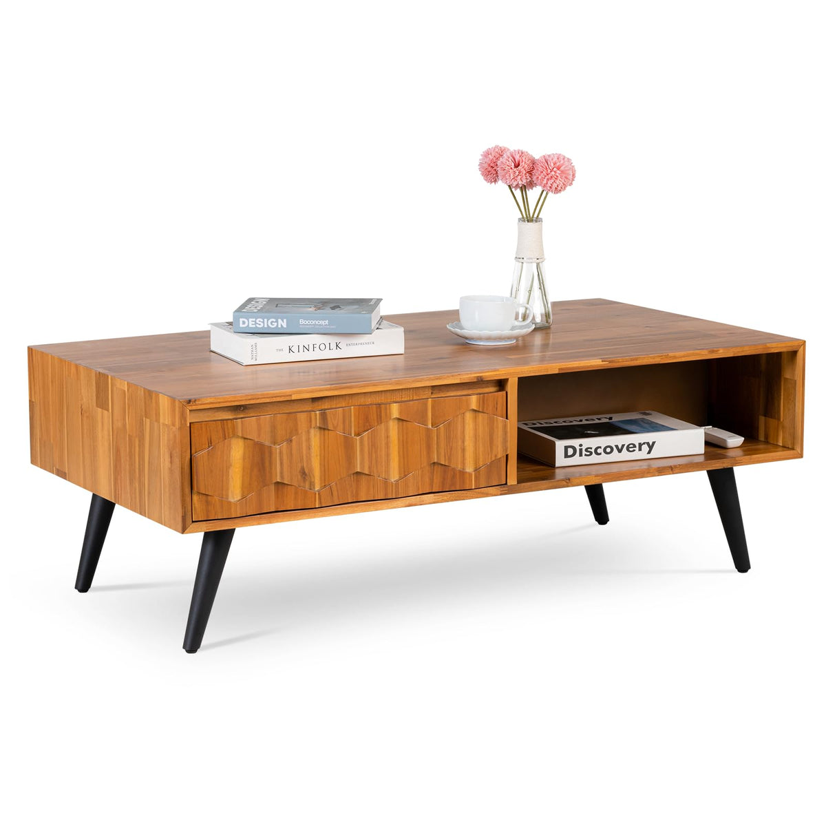 Georgina 2-drawer coffee table with teak brown finish and living room table for decor display