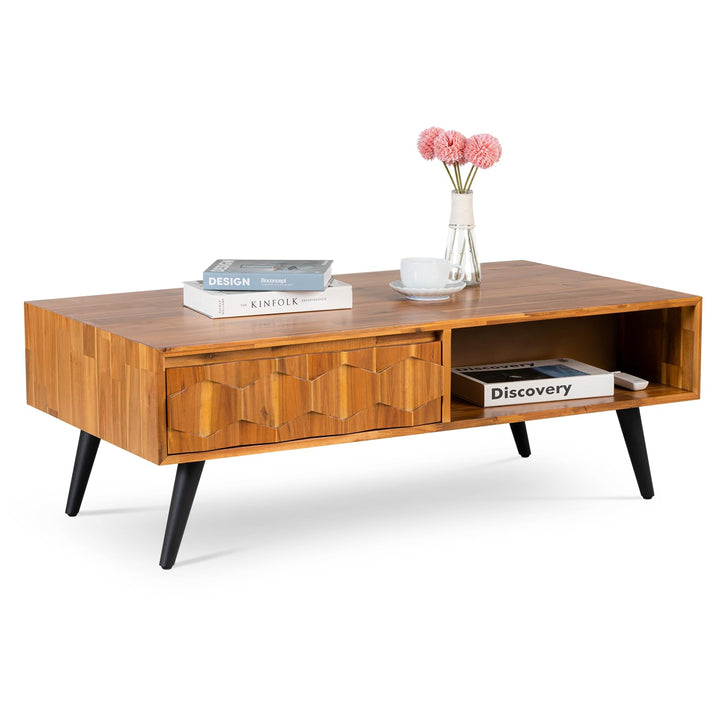 Georgina 2-drawer coffee table with teak brown finish and living room table for decor display