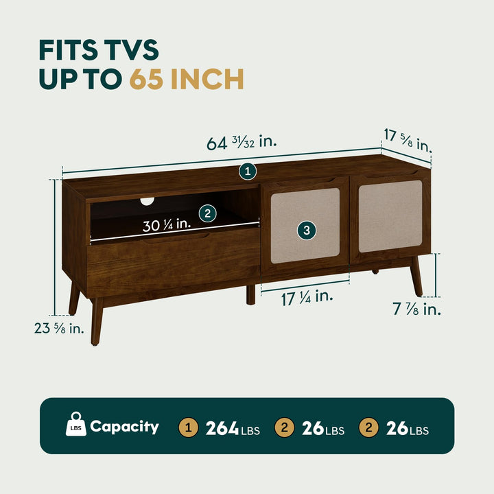 Calista TV stand, featuring 1-drawer, 2-door, chestnut finish, and media storage, for TV placement