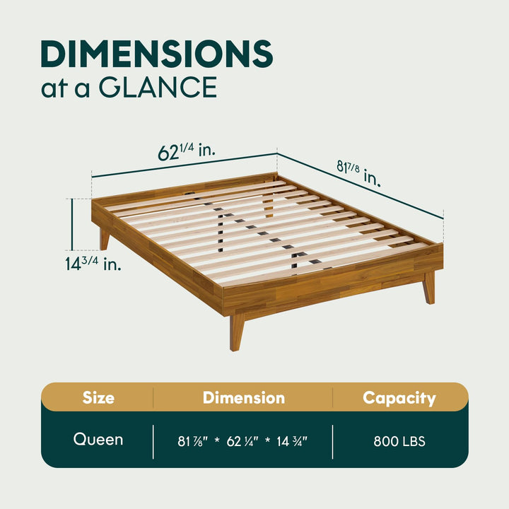 Catherine queen platform bed frame, featuring teak brown finish, for mattress placement